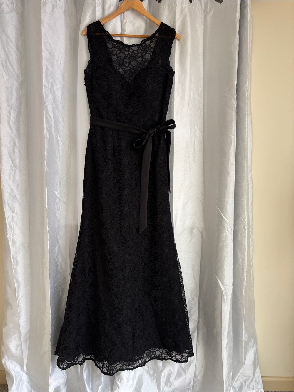 Black Lace Maxi Dress with Satin Waist Tie